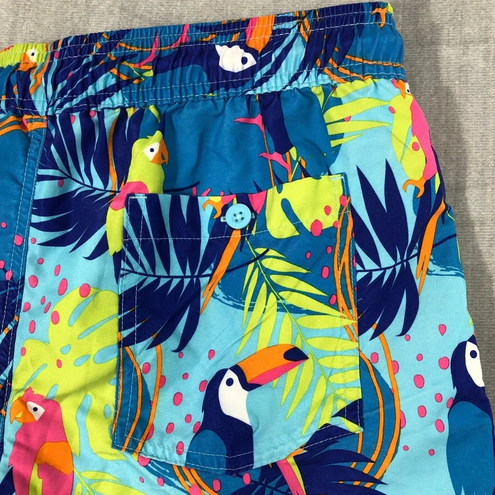 No Boundaries Swim Trunks Men's M 32-34 Blue Tropical Toucan Parrot Print Shorts